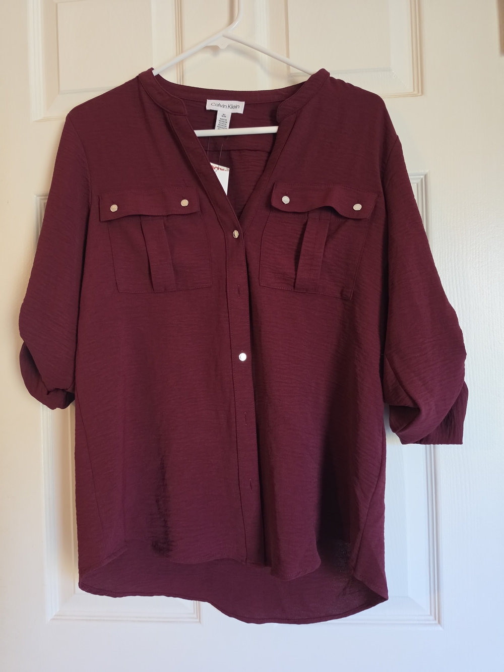Calvin Klein Women's Wine Button-Up Pocket Blouse